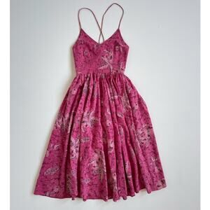 Vtg 70s 80s Pink Tropical Batik Floral Lace Up Sun Dress XS/S Full Skirt Hawaii